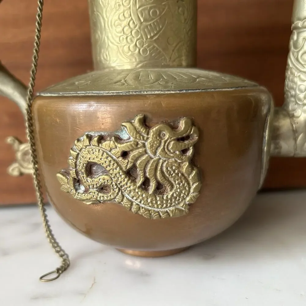 Vintage Tibetan Style Metal Dragon Decanter Pair MCM Asian Boho Home Decor